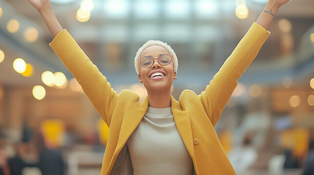 Happy confident afro woman wearing stylish yellow blazer with arms raised smiling in city background symbolizing success, positivity, empowerment, and modern lifestyle happiness