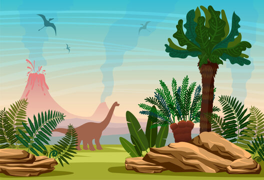 Prehistoric landscape with active volcano, ancient plants and silhouette of extinct dinosaurs. Vector nature wild illustration on the Jurassic period.