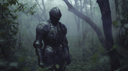 Fototapeta premium A knight stands in a misty forest. Ethereal Armor. Illustration