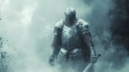 Fototapeta premium A knight stands in a misty forest. Ethereal Armor. Illustration