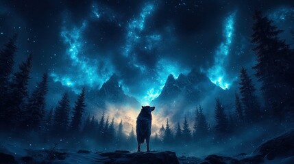 Fototapeta premium Majestic wolf silhouetted against a starry night sky with vibrant auroras over a mountain landscape