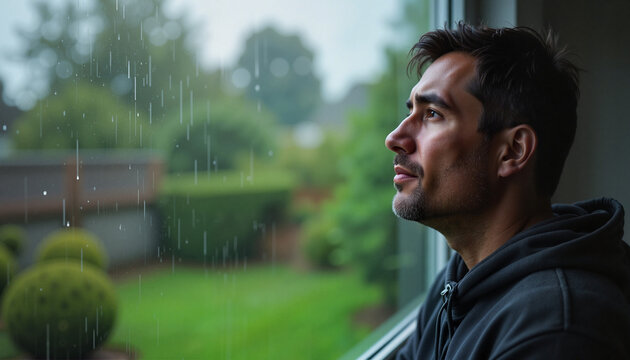 Man contemplating by window during rainy day