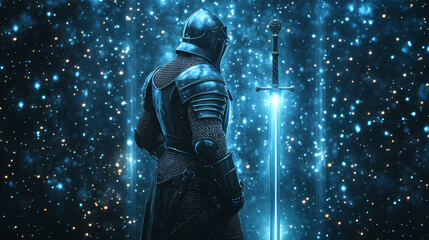 A mystical knight clad in enchanted armor, wielding a glowing sword, standing before a magical portal surrounded by ethereal lights. Ethereal Armor. Illustration