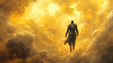 A solitary warrior stands amidst swirling golden clouds, his weathered armor reflecting the ethereal glow, a testament to the battles fought and the journeys yet to come. Ethereal Armor. Illustration