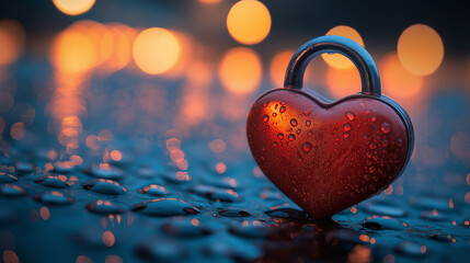Red heart-shaped lock covered in water droplets on reflective surface with glowing bokeh background symbolizing love, romance, security, commitment, and deep emotional bond