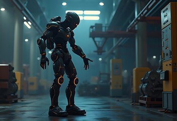 Obraz premium Futuristic Robot Standing in Technology-Focused Industrial Setting with Complex Machinery