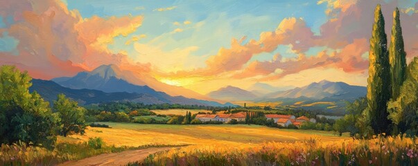Fototapeta premium Vibrant countryside sunset landscape with golden fields and mountains