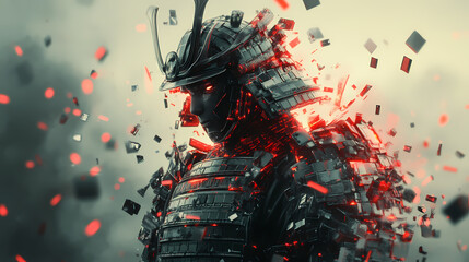 A surreal, abstract depiction of a samurai, with fragmented armor pieces and ethereal light, conveying the duality of honor and chaos. Ethereal Armor. Illustration
