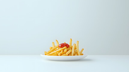 Golden crispy fries, a classic delight! Served with a dollop of flavorful red sauce on a pristine white plate. Perfect comfort food, simply irresistible.
