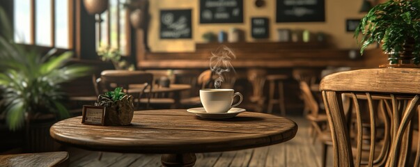 Fototapeta premium Cozy coffee shop interior with steaming cup on wooden table