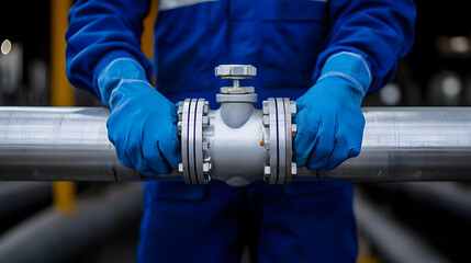 Worker handling pipe valve. The worker is wearing a blue uniform and gloves. Metal pipeline maintenance, industrial equipment, and safety protocols.