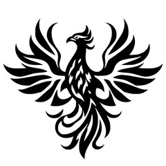 Black Phoenix silhouette on white background, rising from the ashes, detailed and stylized, with stylized feather/wing design.