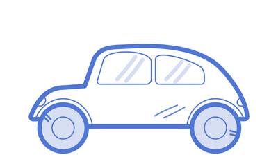 Minimalistic car icon in line art style. Cute cartoon blue small kids car. Silhouette, icon in minimalist style for design of children's rooms, clothing, textiles. Vector illustration.
