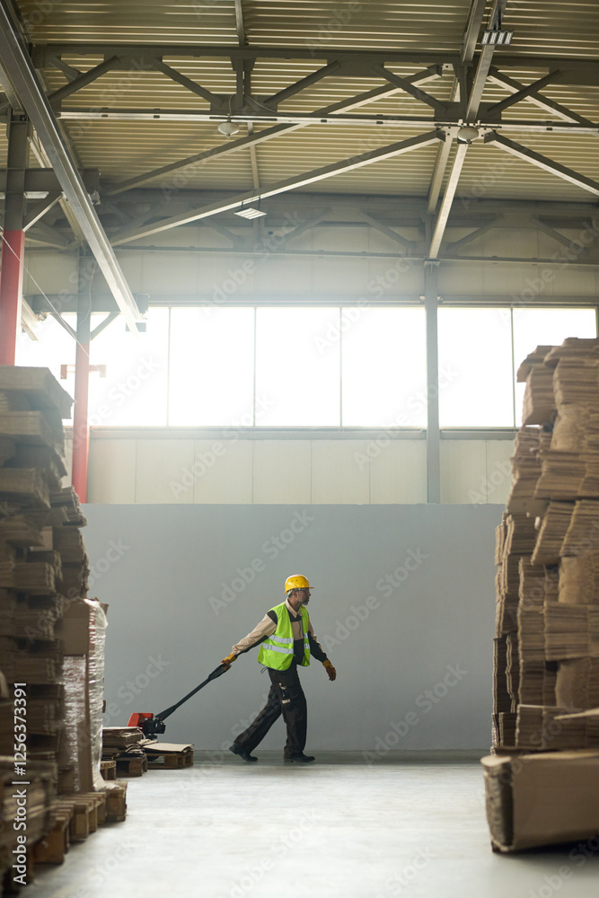 Aufkleber long shot of male engineer pulling pallet truck with stack of cardboard sheets while moving between 