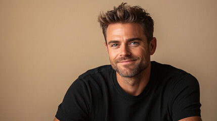 Obraz premium Attractive man in his late thirties in black shirt with short hair and beard looking at camera and smiling sitting on beige background.