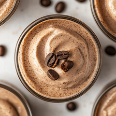Close-up of creamy coffee mousse topped with roasted coffee beans in glass cup symbolizing delicious dessert, gourmet treat, rich flavor, and indulgent culinary experience