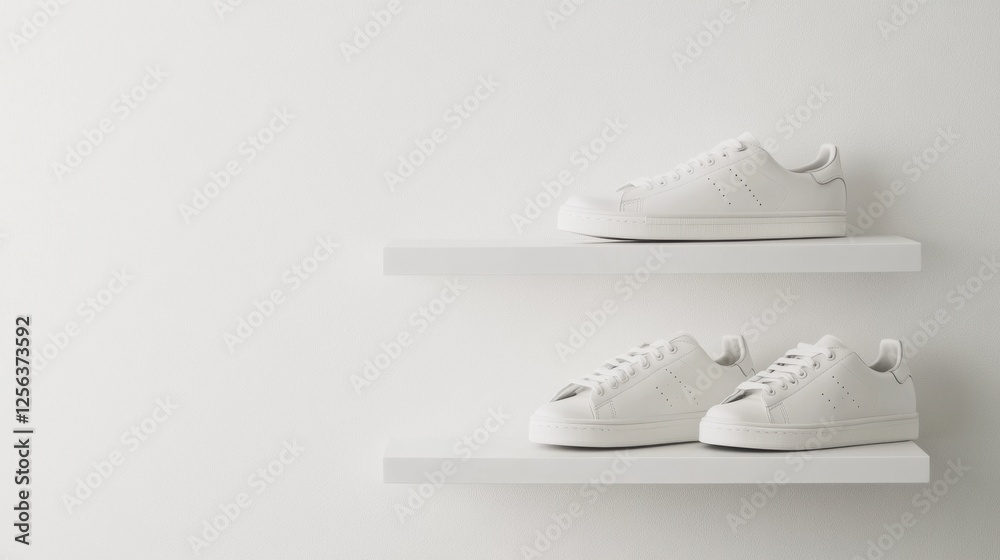 Poster stylish sneakers arranged on minimalist shoe shelves, with space for additional text or branding in 
