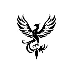 Naklejka premium Black Phoenix, wings spread, perched atop a stylized base, on white background.