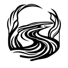 Abstract black and white river flowing through an oval-shaped frame of stylized trees.