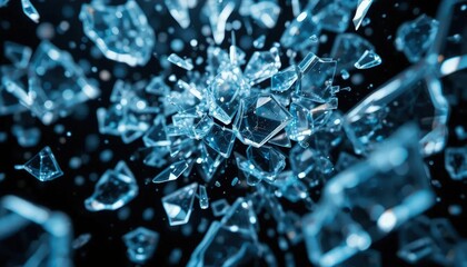 Shattering glass fragments midair captured in high detail with a black background