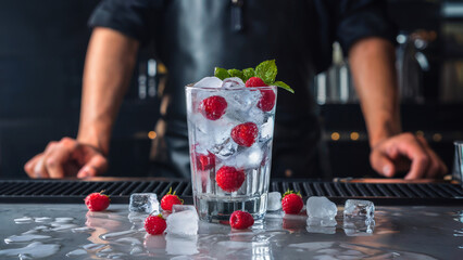 A close-up of a refreshing and cold non-alcoholic cocktail with strawberries, ice and mint leaves in a tall glass on a bar counter