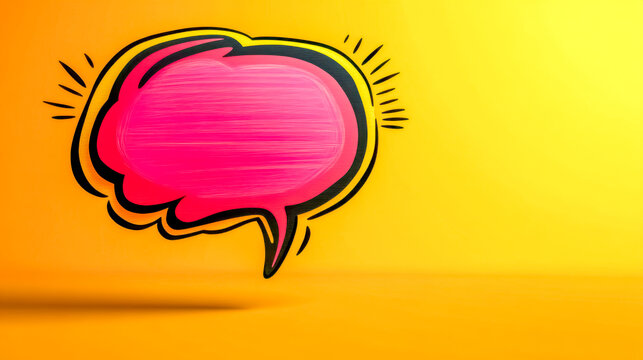 Pink comic style speech bubble floating on a yellow background
