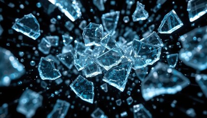 Shattering glass fragments midair captured in high detail with a black background