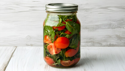 Jar with canned tomatoes and basil on white wooden table