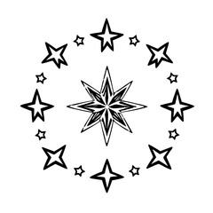 Celestial Cluster: Bold Illustration of a Central Star with Orbiting Constellation and Radial Design.