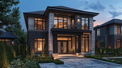 Modern two-story house with elegant design and landscaped surroundings.