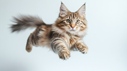 Graceful maine coon cat jumping on white background.