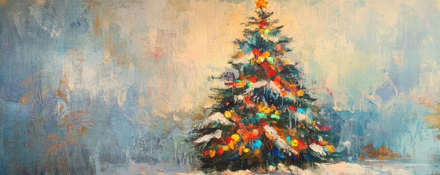 Vibrant christmas tree with colorful lights on snowy background