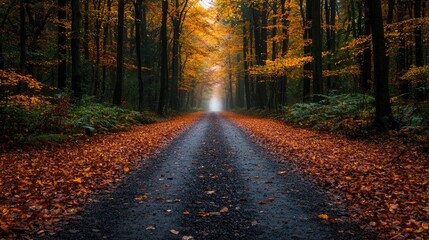 Naklejka premium Autumnal forest path, misty morning, leaves on road, nature scene, scenic wallpaper