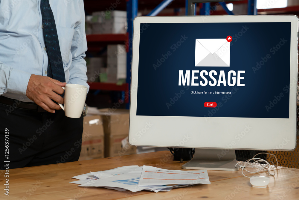 Poster email notification message showing on computer screen snugly. digital marketing message information 