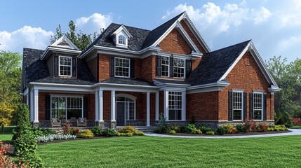A beautiful brick house with a landscaped yard and clear blue sky.