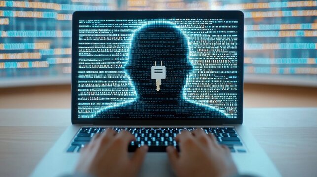 A person's shadowy reflection in a laptop screen filled with lines of code, as a hidden keylogger records every keystroke, symbolizing covert cyber espionage
