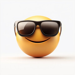 3D yellow emoji wearing black sunglasses with confident smirk on white background symbolizing cool attitude, swag, internet culture, digital communication, and fun expression