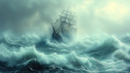 Obraz premium Majestic sailing ship bravely navigating through tumultuous ocean waves under a stormy sky