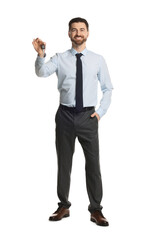 Cheerful salesman with car key on white background