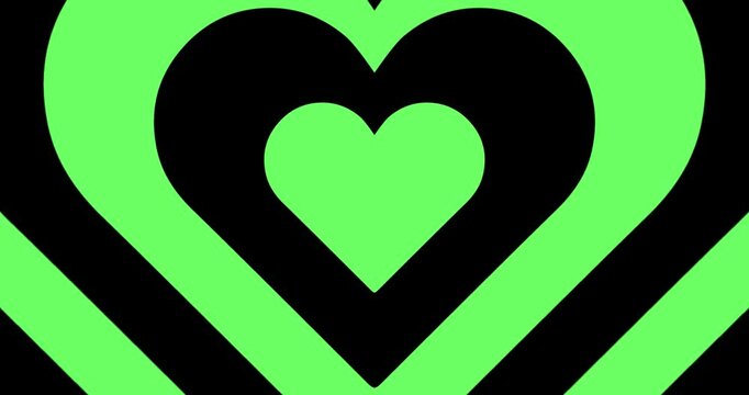 Moving hypnotic Heart in fast motion. Seamless Psychedelic hearts for Valentines day concept or festive day. Black and green color