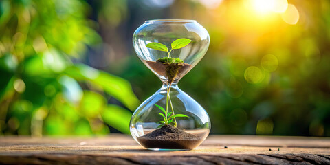 Fototapeta premium A glass hourglass showcases young plants emerging from soil, representing growth and the passage of time against a backdrop of sunlight and greenery
