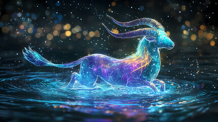 The constellations zodiac concept, capricorn constellation, sea-goat emerging from a glowing cosmic ocean, celestial stars above, 3d illustration. Dreamlike Canals. Illustration
