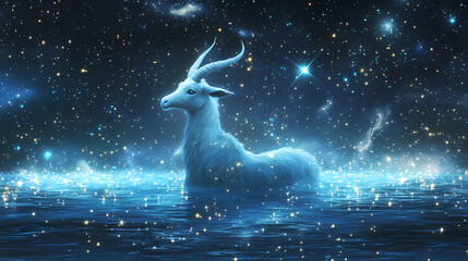 The constellations zodiac concept, capricorn constellation, sea-goat emerging from a glowing cosmic ocean, celestial stars above, 3d illustration. Dreamlike Canals. Illustration