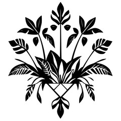 Black and white symmetrical stylized floral arrangement of leaves and fronds.