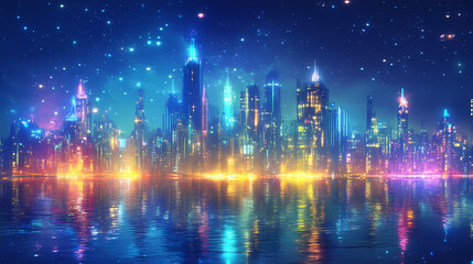 Vibrant, futuristic underwater city glowing at night. luminous towers and canals create a magical, surreal scene. Dreamlike Canals. Illustration
