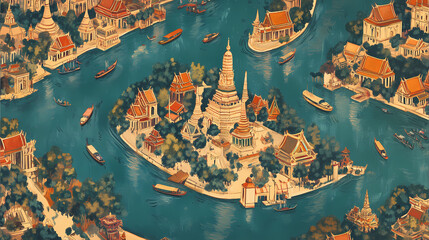 Obraz premium Vintage bangkok map Dreamlike Canals. Illustration