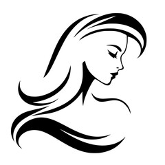Elegant woman profile portrait. Black and white illustration of a woman with flowing hair. Hair, eyes closed.