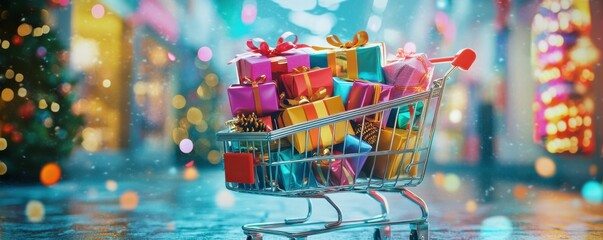 Shopping cart filled with colorful gift boxes in festive holiday setting