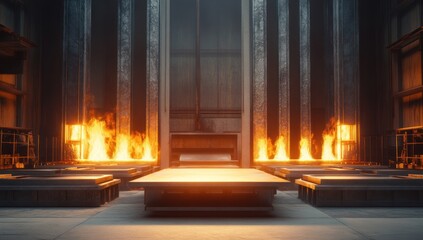 Fototapeta premium Fiery Industrial Interior: A Glowing Inferno in a Modern Factory