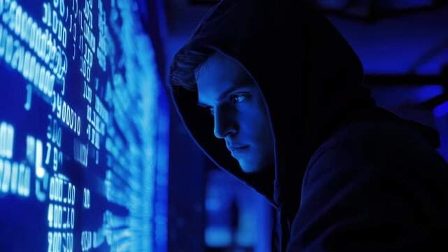 Male hacker in hoodie stands in front glowing blue digital code. His serious expression and cyberpunk atmosphere create a high-tech, hacker-themed concept cybersecurity, technology, anonymity.